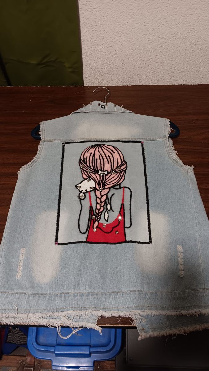 Stitch & Skull vest — back view with anime girl backpiece